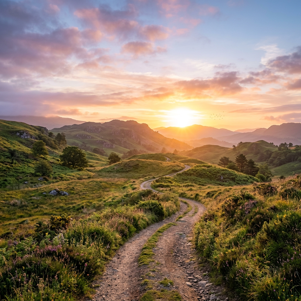 A winding dirt path through grassy hills under a vibrant sunset sky